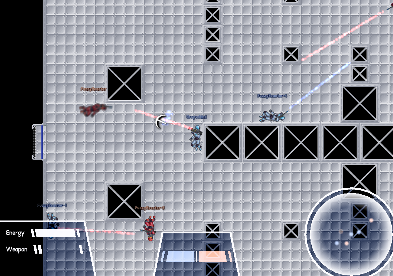 Image showing red and blue players firing lasers at each other in a 2D zero-gravity arena.